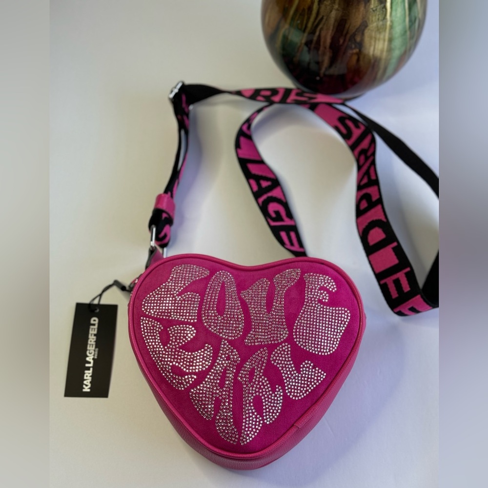 Karl Lagerfeld PARIS Fuchsia Pink Maybelle Heart Rhinestone Crossbody Purse NWT
